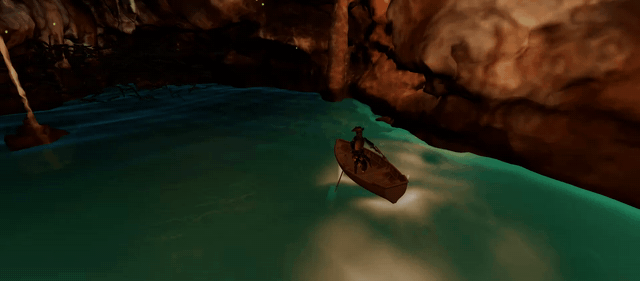 Boat rowing with wake and ripples