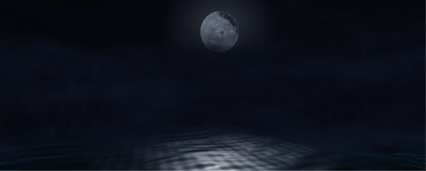 Fog banks over the moonlit water at the world edge